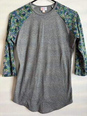 LuLaRoe Gray Raglan Tee with Blue Green Floral Sleeves